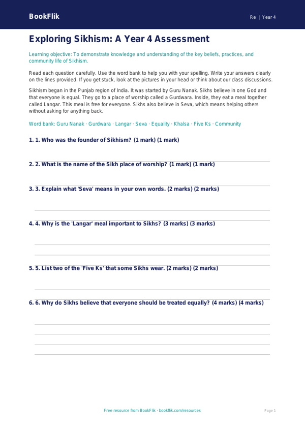 Free Sikhism Assessment | Year 4 | Religious Education | BookFlik worksheet preview — Re Sikhism
