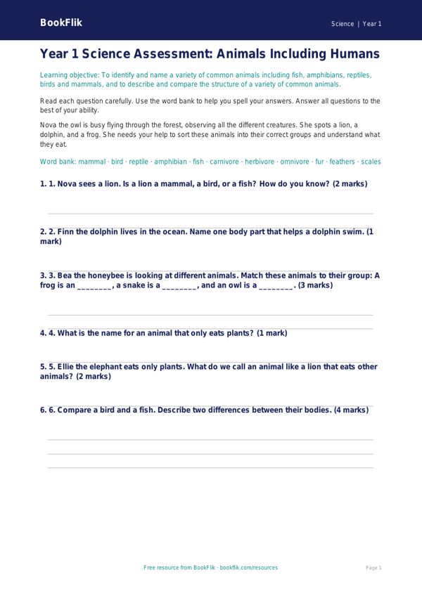 Free Animals Including Humans Assessment | Year 1 | Science | BookFlik worksheet preview — Science Animals Including Humans