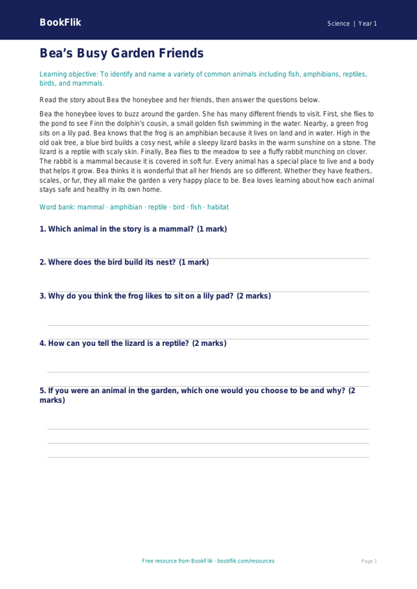 Free Animals Including Humans Comprehension | Year 1 | Science | BookFlik worksheet preview — Science Animals Including Humans