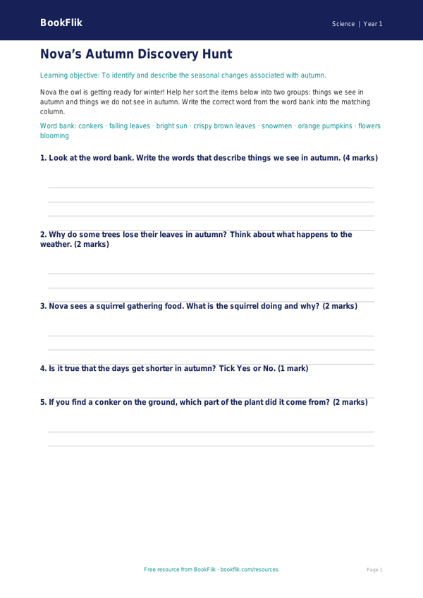 Free Autumn Science Activity Sheet | Year 1 | Science | BookFlik worksheet preview — Science Autumn Science
