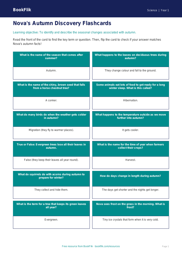 Free Autumn Science Flashcards | Year 1 | Science | BookFlik worksheet preview — Science Autumn Science