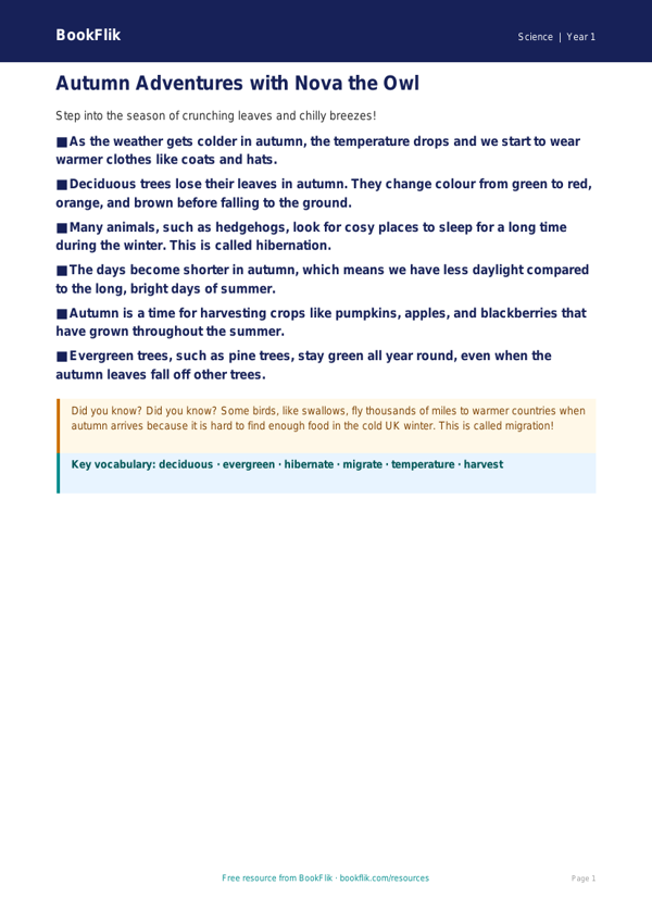 Free Autumn Science Poster | Year 1 | Science | BookFlik worksheet preview — Science Autumn Science