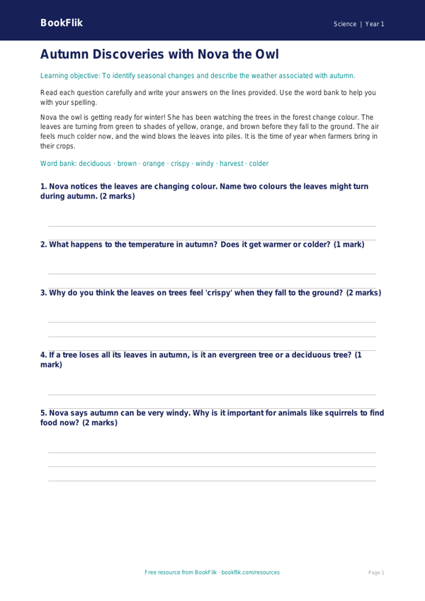 Free Autumn Science Worksheet | Year 1 | Science | BookFlik worksheet preview — Science Autumn Science