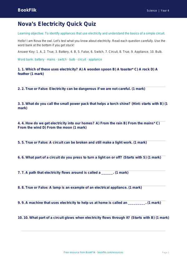 Free Electricity Quiz | Year 4 | Science | BookFlik worksheet preview — Science Electricity