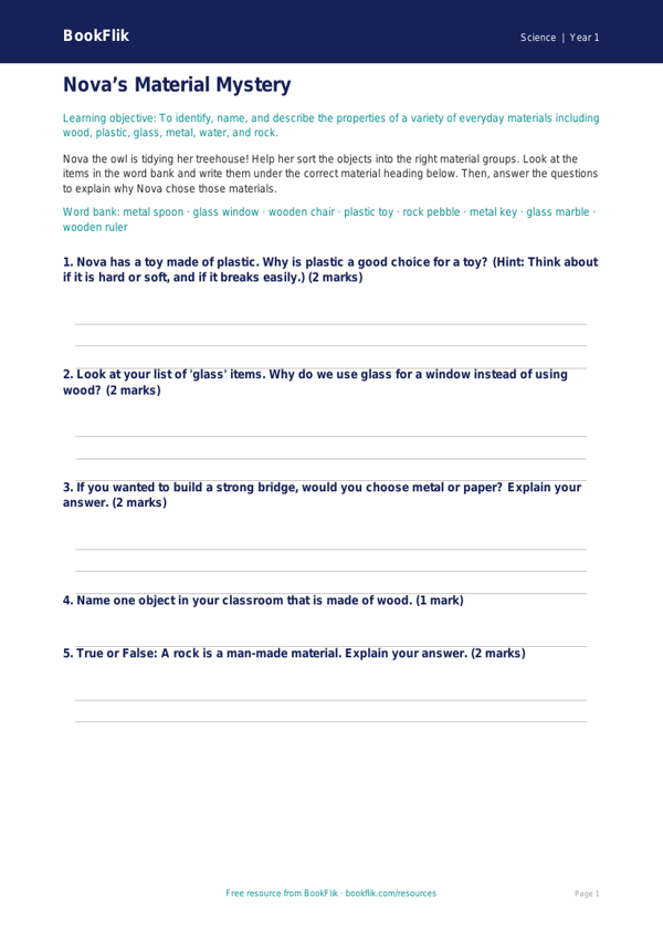 Free Everyday Materials Activity Sheet | Year 1 | Science | BookFlik worksheet preview — Science Everyday Materials