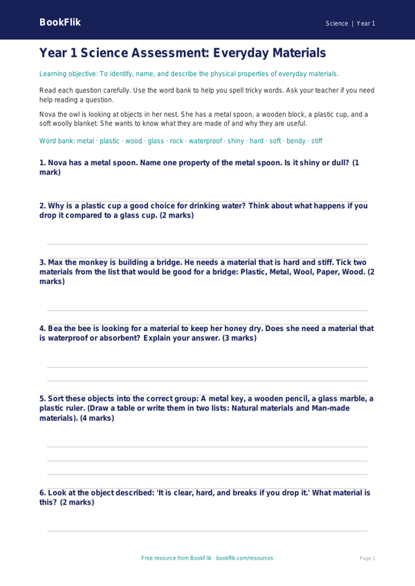 Free Everyday Materials Assessment | Year 1 | Science | BookFlik worksheet preview — Science Everyday Materials
