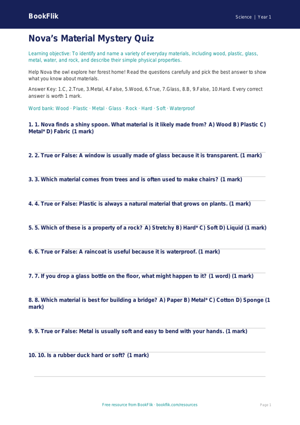 Free Everyday Materials Quiz | Year 1 | Science | BookFlik worksheet preview — Science Everyday Materials