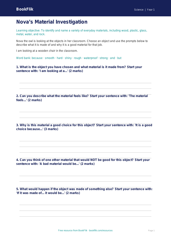 Free Everyday Materials Writing Frame | Year 1 | Science | BookFlik worksheet preview — Science Everyday Materials