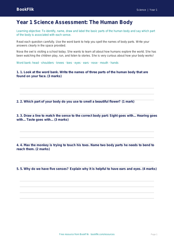Free Human Body Assessment | Year 1 | Science | BookFlik worksheet preview — Science Human Body