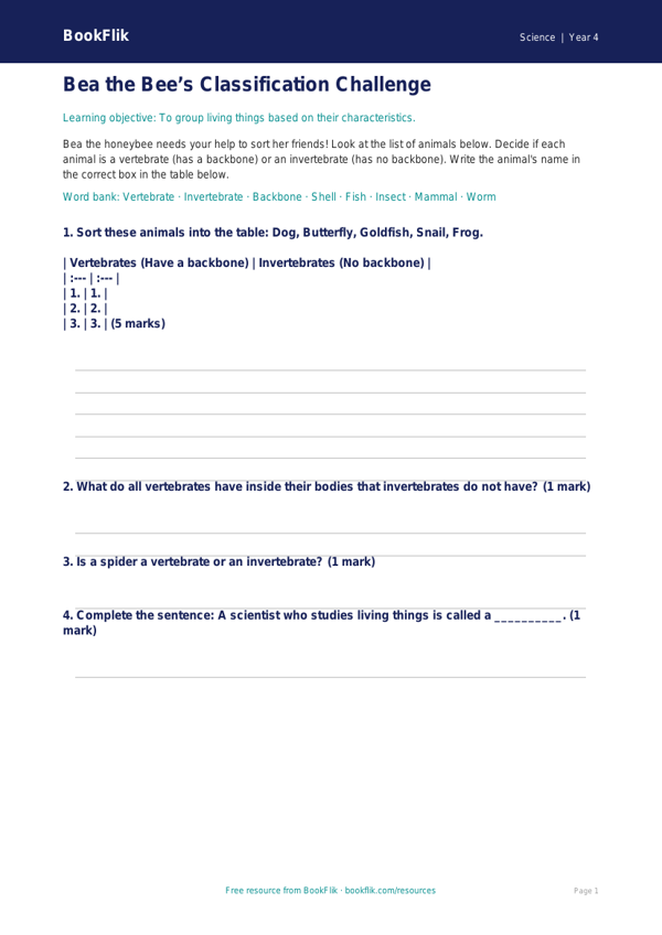 Free Living Things Activity Sheet | Year 4 | Science | BookFlik worksheet preview — Science Living Things