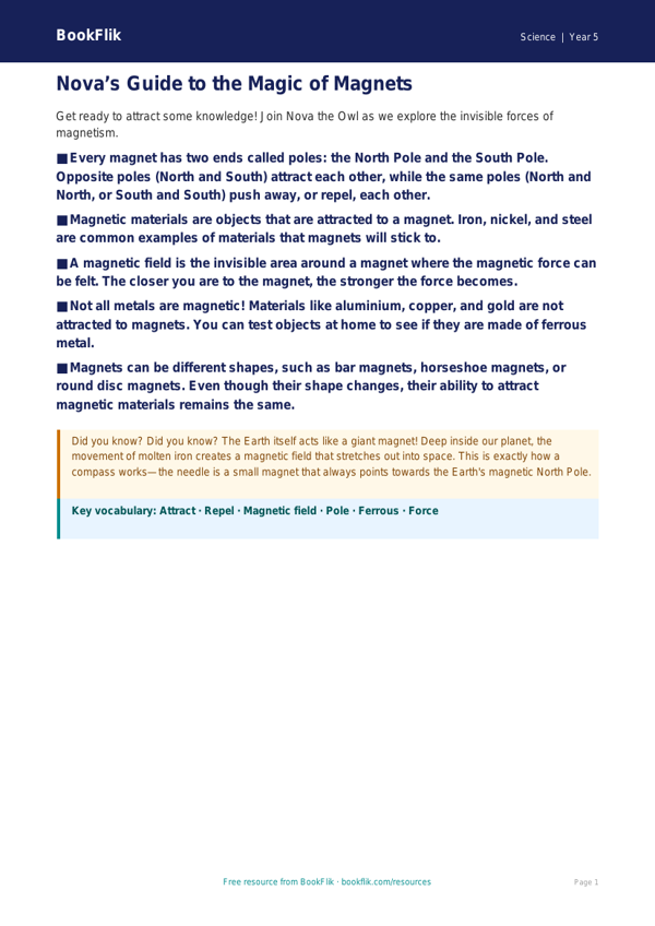 Free Magnets Poster | Year 5 | Science | BookFlik worksheet preview — Science Magnets