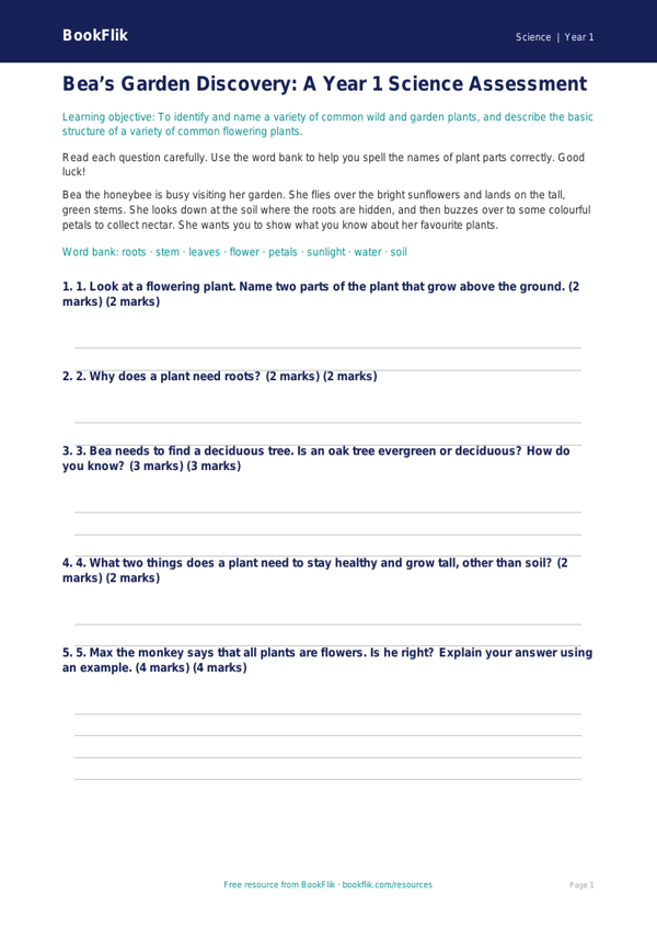 Free Plants Assessment | Year 1 | Science | BookFlik worksheet preview — Science Plants