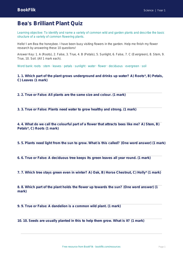 Free Plants Quiz | Year 1 | Science | BookFlik worksheet preview — Science Plants