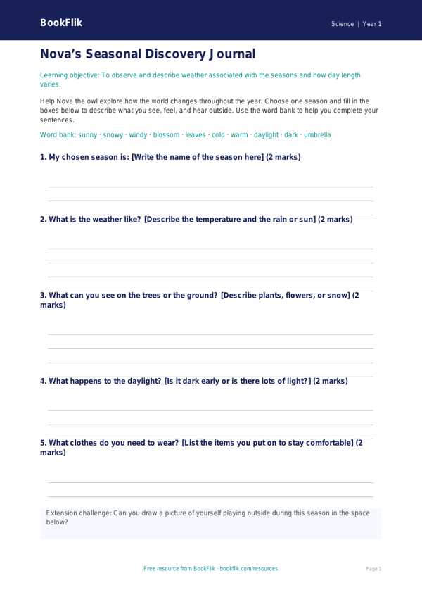 Free Seasonal Changes Template | Year 1 | Science | BookFlik worksheet preview — Science Seasonal Changes