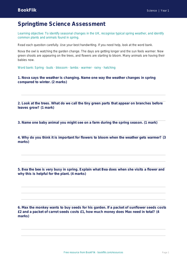 Free Spring Science Assessment | Year 1 | Science | BookFlik worksheet preview — Science Spring Science