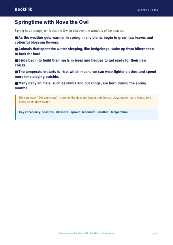 Free Spring Science Poster | Year 1 | Science | BookFlik worksheet preview — Science Spring Science