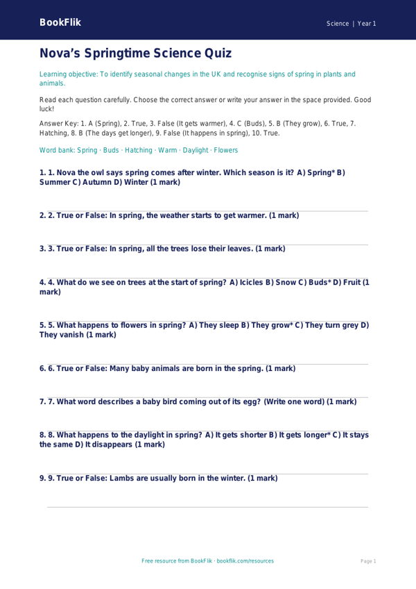 Free Spring Science Quiz | Year 1 | Science | BookFlik worksheet preview — Science Spring Science