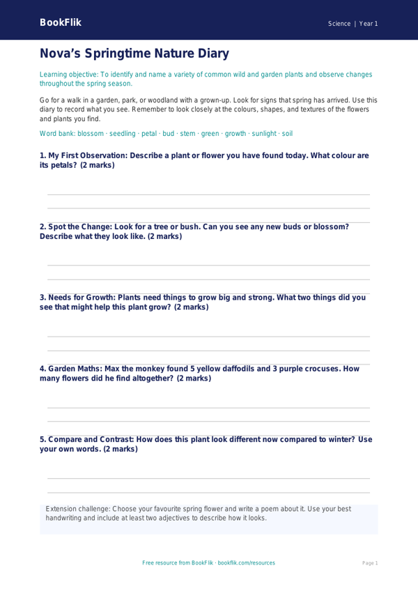 Free Spring Science Template | Year 1 | Science | BookFlik worksheet preview — Science Spring Science