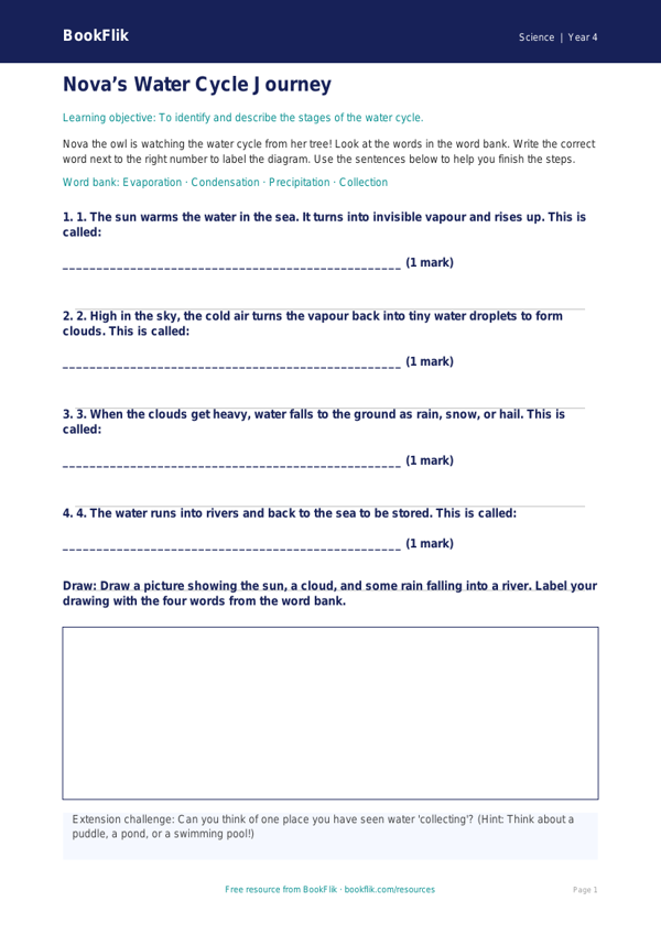Free Water Cycle Activity Sheet | Year 4 | Science | BookFlik worksheet preview — Science Water Cycle