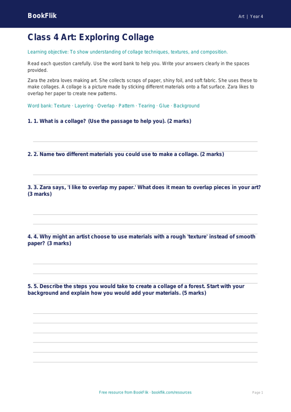 Free Collage Assessment | Class 4 | Art | BookFlik worksheet preview — Art Collage