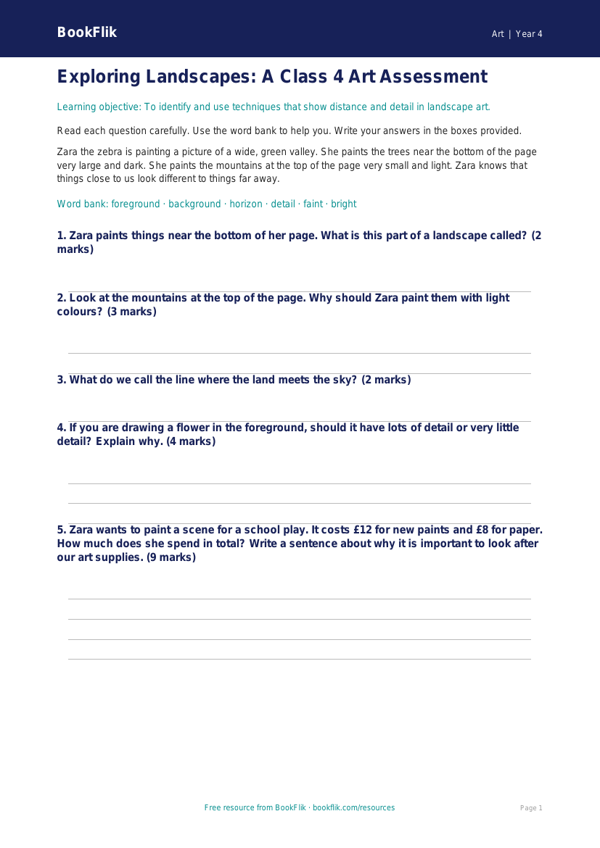 Free Landscapes Assessment | Class 4 | Art | BookFlik worksheet preview — Art Landscapes