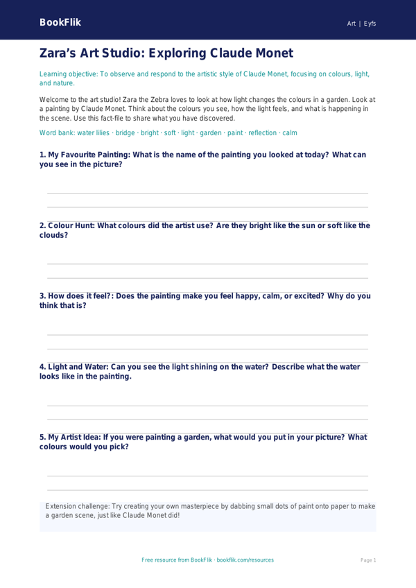 Claude Monet Art Activity for Nursery & LKG | CBSE Curriculum worksheet preview — Art Monet