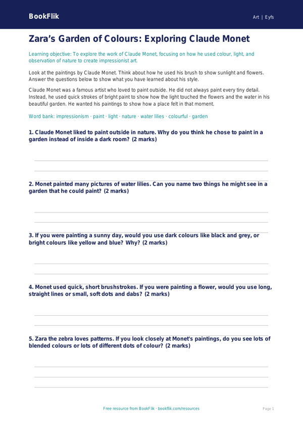 Free Monet Worksheet | Nursery / LKG | Art | BookFlik worksheet preview — Art Monet