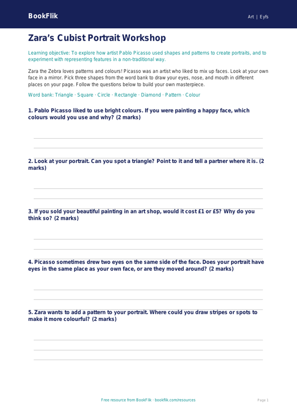 Free Picasso Activity Sheet | Nursery / LKG | Art | BookFlik worksheet preview — Art Picasso