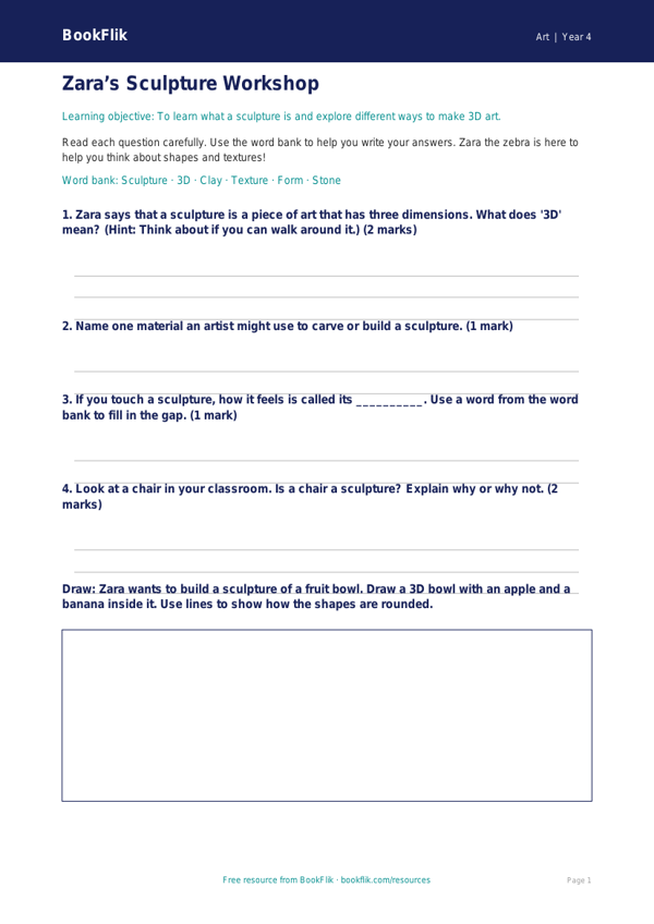 Free Sculpture Worksheet | Class 4 | Art | BookFlik worksheet preview — Art Sculpture