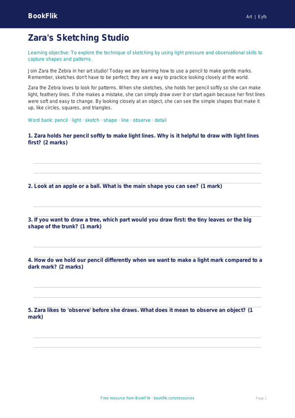 Free Sketching Worksheet | Nursery / LKG | Art | BookFlik worksheet preview — Art Sketching