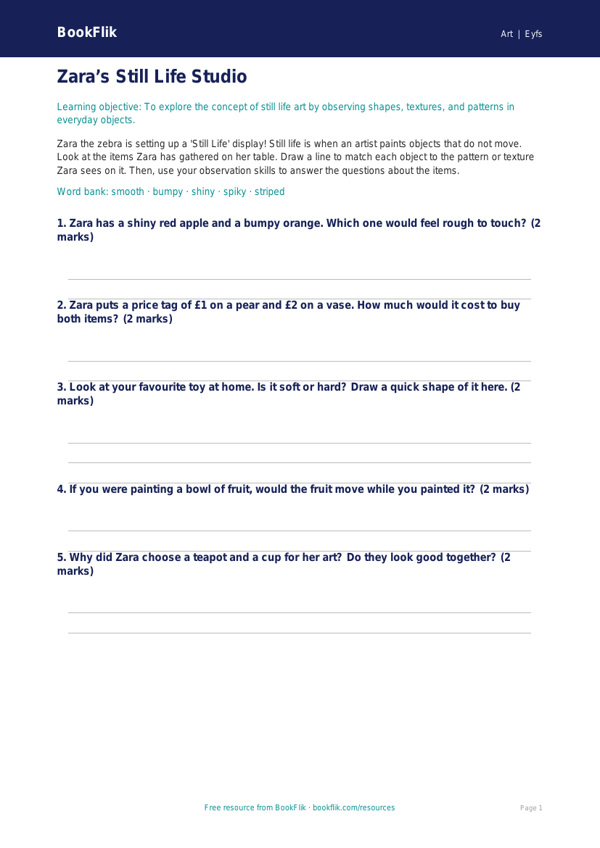 Free Still Life Activity Sheet | Nursery / LKG | Art | BookFlik worksheet preview — Art Still Life