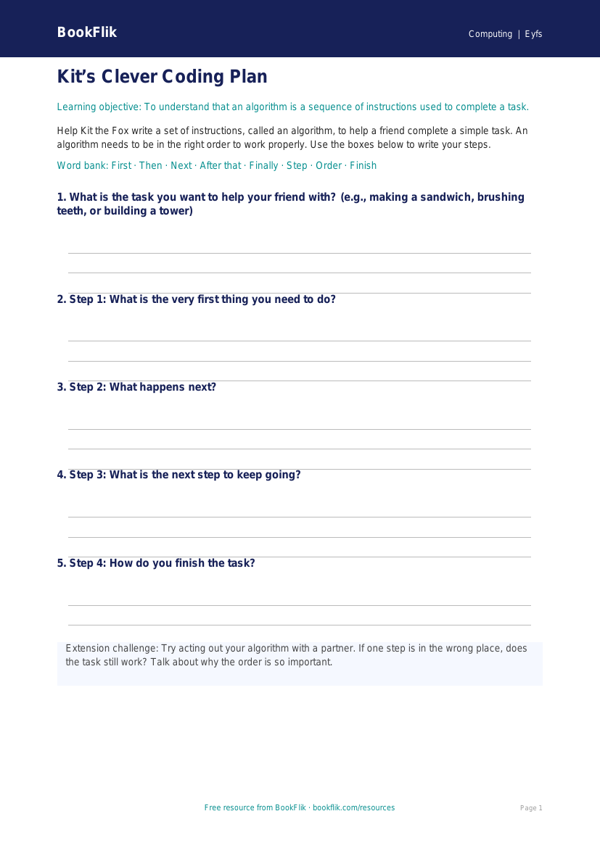 Free Algorithms Template | Nursery / LKG | Computing | BookFlik worksheet preview — Computing Algorithms