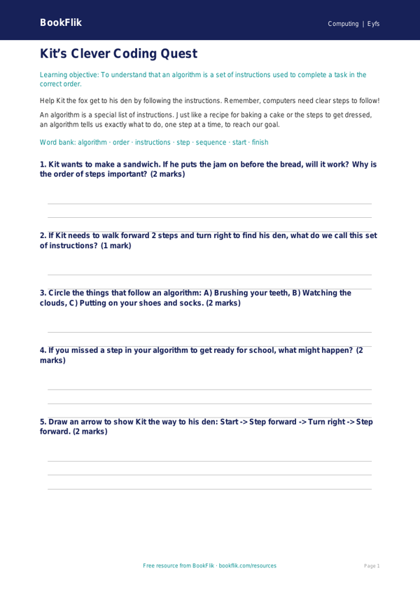 Free Algorithms Worksheet | Nursery / LKG | Computing | BookFlik worksheet preview — Computing Algorithms