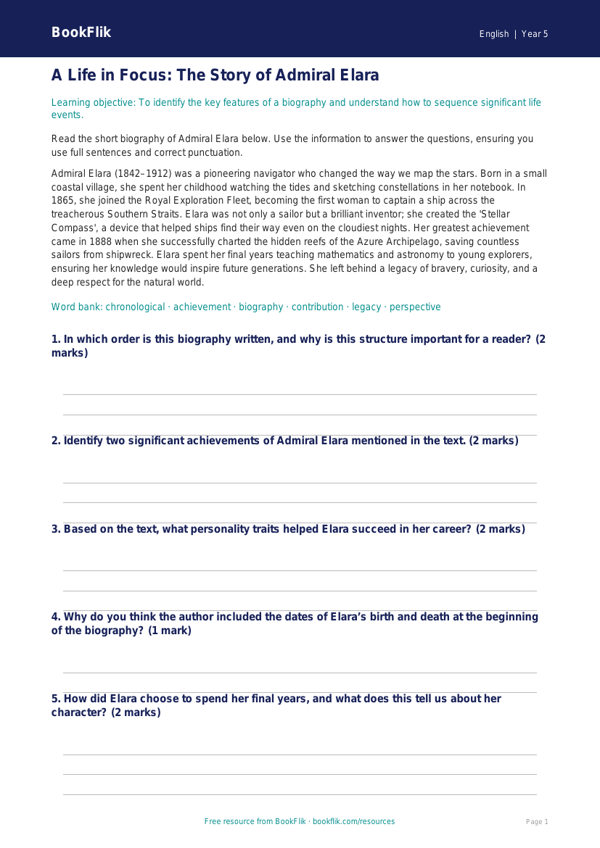 Free Biography Track Sheet | Class 5 | English | BookFlik worksheet preview — English Biography