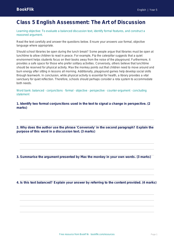 Free Discussion Texts Assessment | Class 5 | English | BookFlik worksheet preview — English Discussion Texts