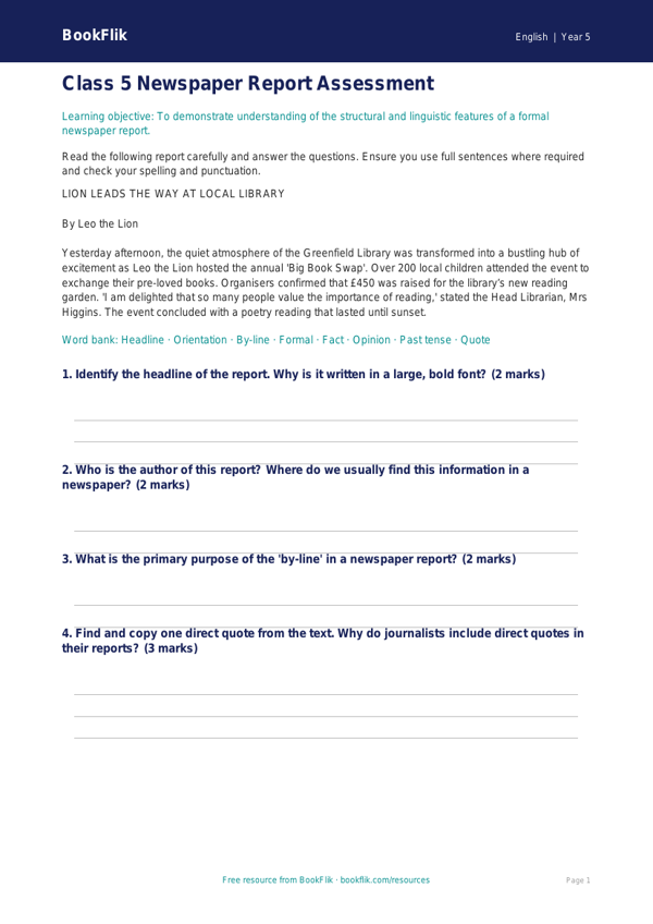 Free Newspaper Writing Assessment | Class 5 | English | BookFlik worksheet preview — English Newspaper Writing