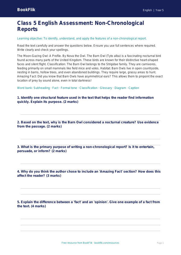 Free Non Chronological Reports Assessment | Class 5 | English | BookFlik worksheet preview — English Non Chronological Reports
