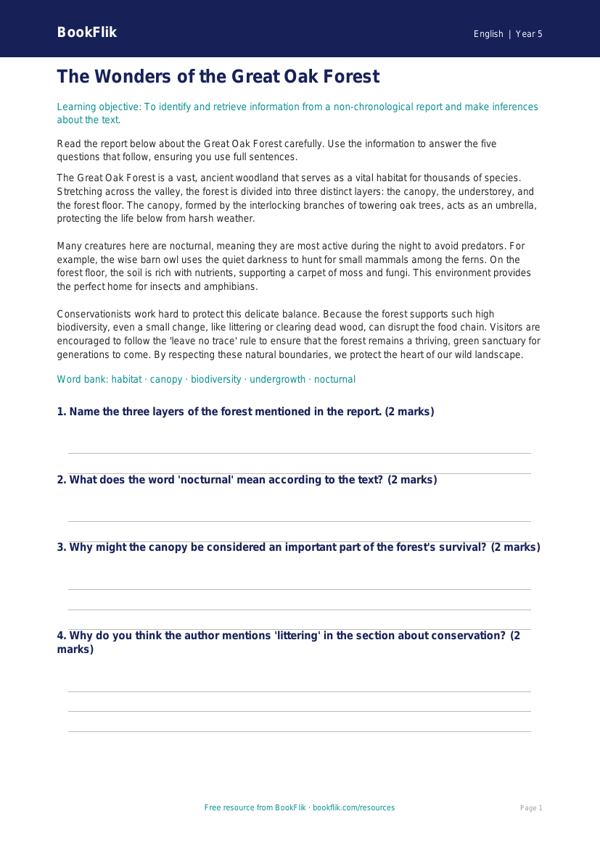 Free Non-Chronological Reports Comprehension | Class 5 | English | BookFlik worksheet preview — English Non Chronological Reports