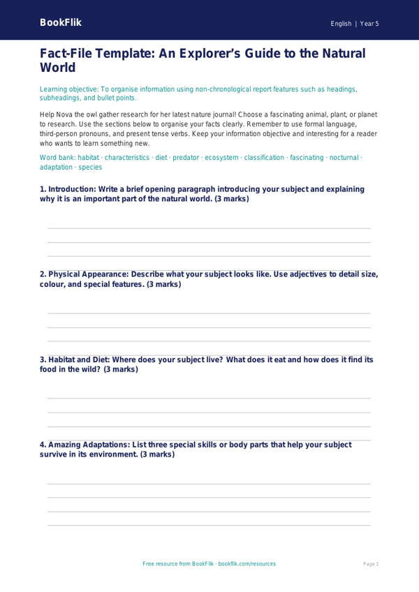 Free Non Chronological Reports Template | Class 5 | English | BookFlik worksheet preview — English Non Chronological Reports