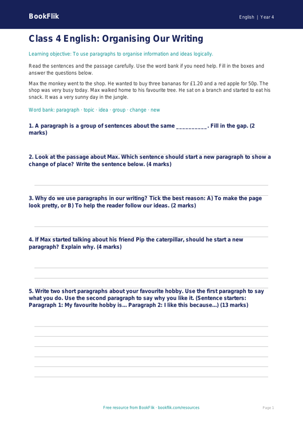Free Paragraphs Assessment | Class 4 | English | BookFlik worksheet preview — English Paragraphs