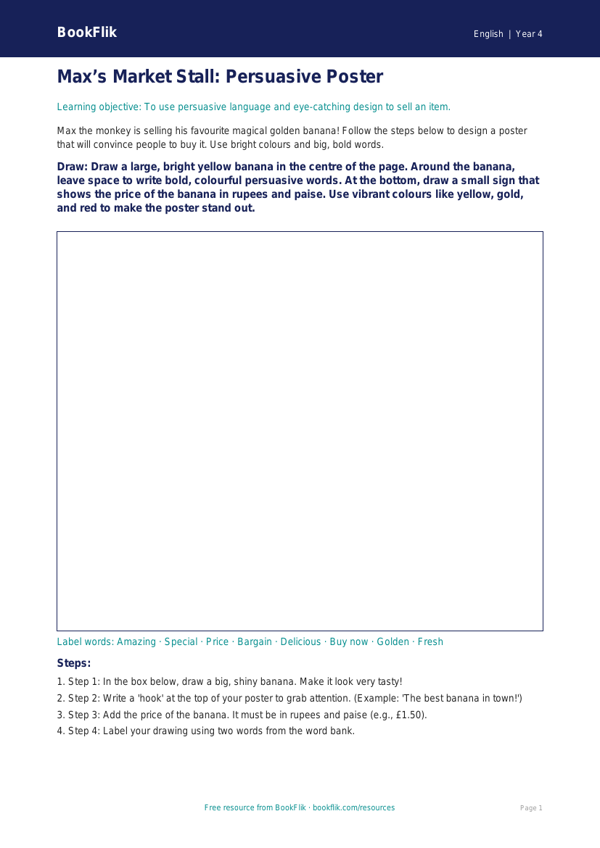 Free Persuasive Writing Drawing Sheet | Class 4 | English | BookFlik worksheet preview — English Persuasive Writing