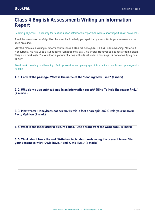 Free Report Writing Assessment | Class 4 | English | BookFlik worksheet preview — English Report Writing