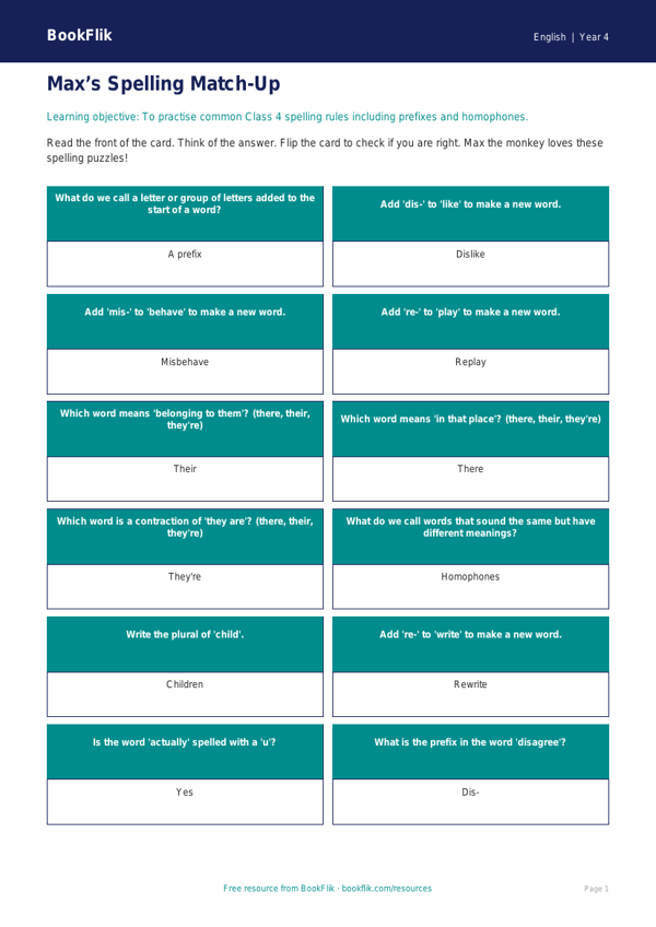 Free Spelling Flashcards | Class 4 | English | BookFlik worksheet preview — English Spelling
