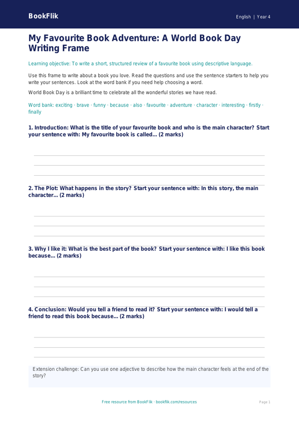Free World Book Day Writing Frame | Class 4 | English | BookFlik worksheet preview — English World Book Day
