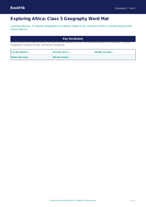 Free Africa Word Mat | Class 5 | Geography | BookFlik worksheet preview — Geography Africa