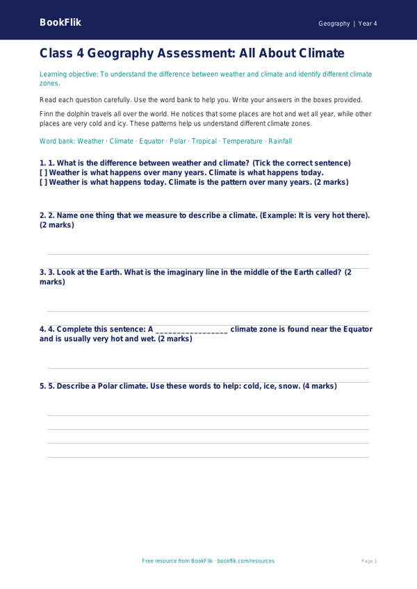Free Climate Assessment | Class 4 | Geography | BookFlik worksheet preview — Geography Climate