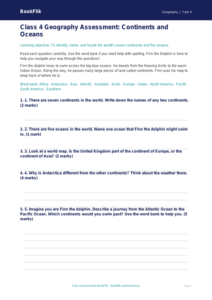 Free Continents And Oceans Assessment | Class 4 | Geography | BookFlik