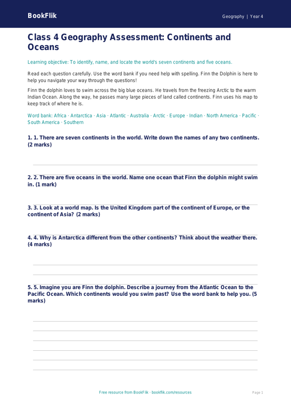 Free Continents And Oceans Assessment | Class 4 | Geography | BookFlik worksheet preview — Geography Continents And Oceans