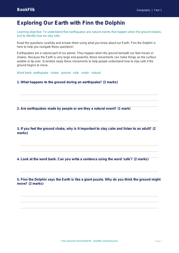Free Earthquakes Worksheet | Class 1 | Geography | BookFlik worksheet preview — Geography Earthquakes