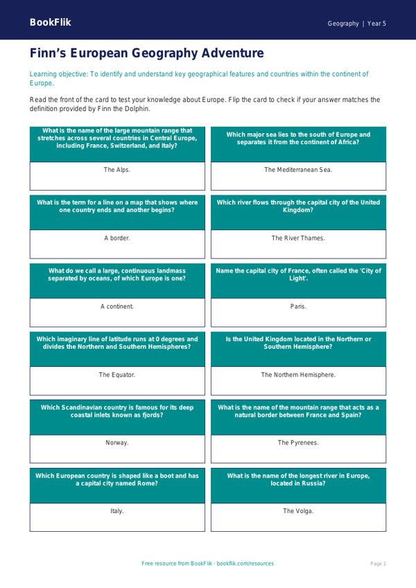 Europe Flashcards for Class 5 Geography | CBSE Curriculum worksheet preview — Geography Europe
